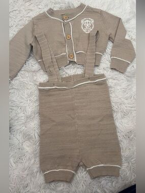 Belati Neutral Knit Baby Cardigan & Suspender Knit Set